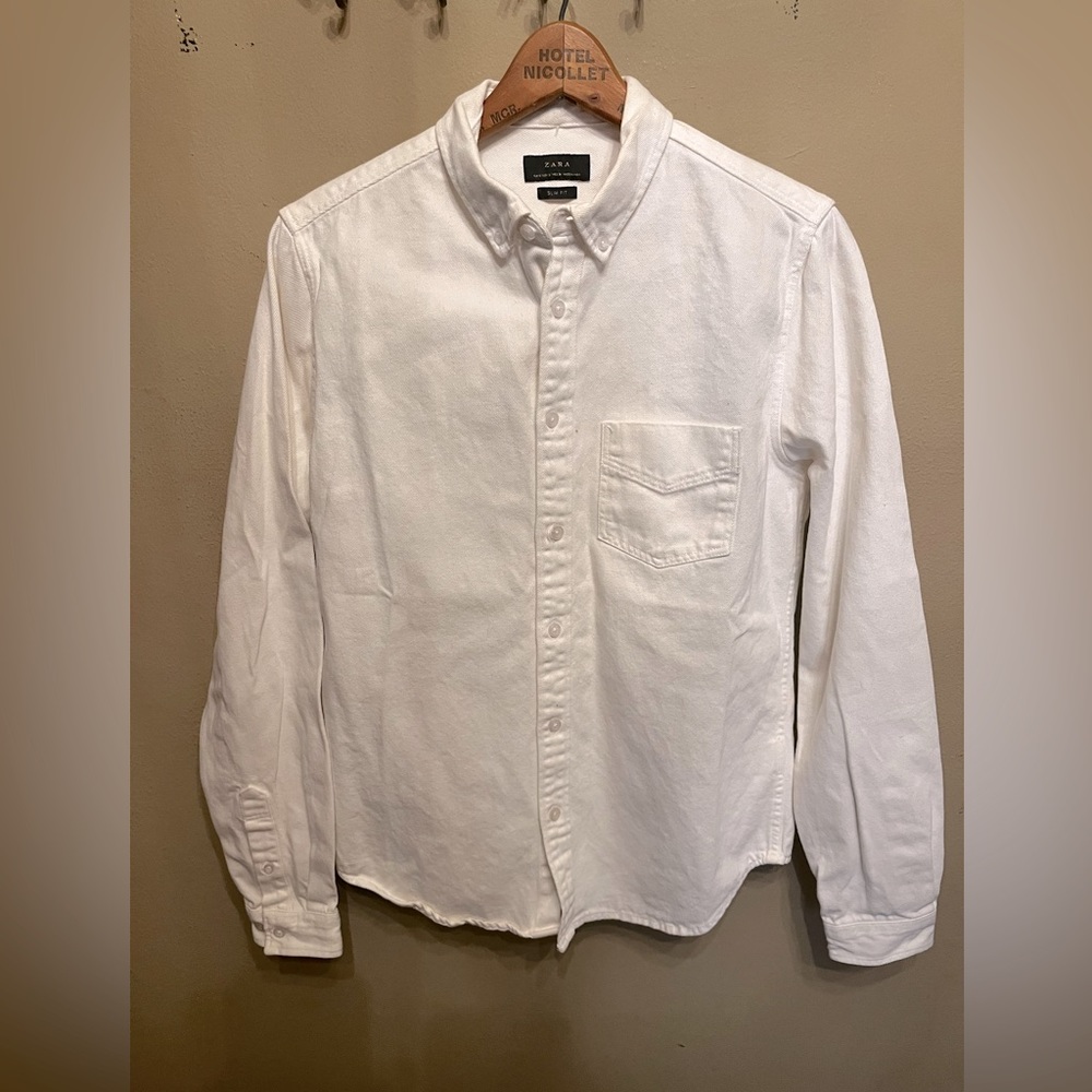 Zara Small White Denim Button Down Shirt Slim Fit Men’s Shirt Collared